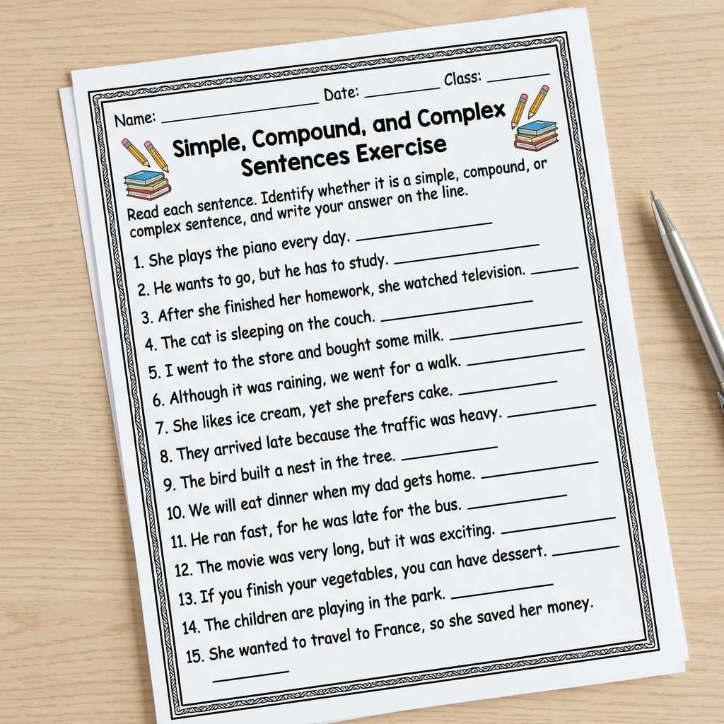 Worksheet titled Simple, Compound, and Complex Sentences Exercise with sentences to categorize.